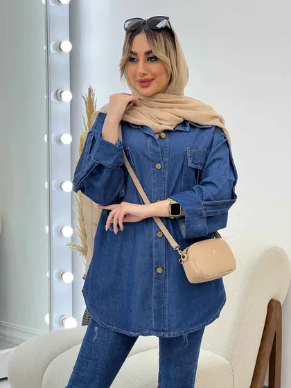مانتو جین دو جیب آستین پاکتی