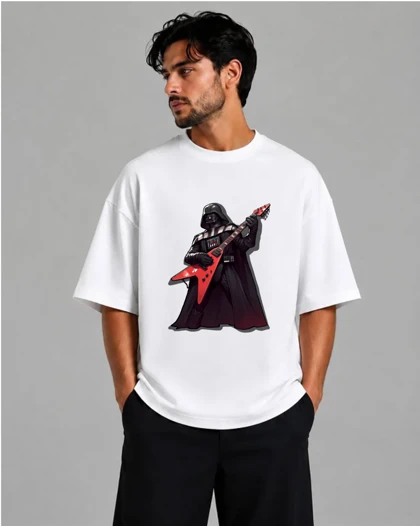 تیشرت باکسی سفید طرح Darth Vader گیتاریست از جنگ ستارگان سبک Dark Rock Graphic