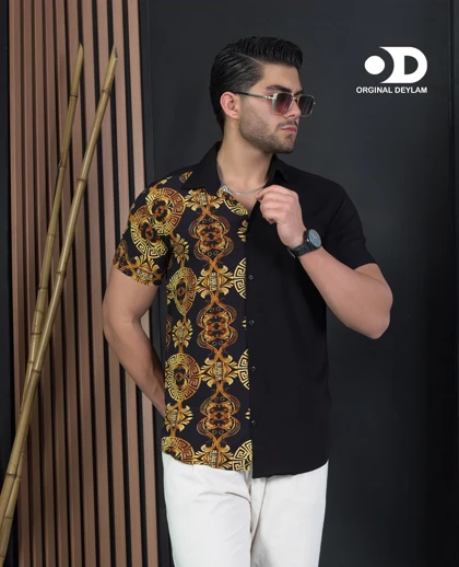 پیراهن هاوایی مشکی طلایی ترکیبی طرح فوق العاده خفن و مدرن نخ خالص