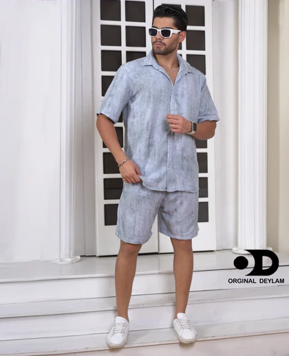 ست روهمی پیراهن انگلیسی با شلوارک آبی مازراتی مردانه پارچه کراش