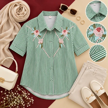 شومیز راه راه گلدوزی شده وارداتی کد 6075