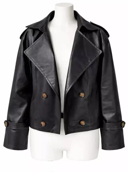 کت زنانه چرم یقه انگلیسی دبل برست نیوا (niva) سین استایل