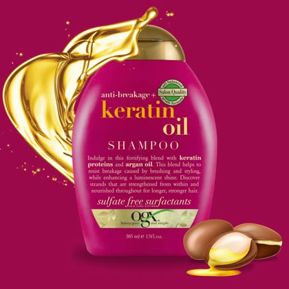 شامپو نرم کننده و درخشان کننده مو او جی ایکس, مدل Keratin Oil مناسب انواع مو به ویژه آسیب‌دیده و ضعیف حجم 385ml
