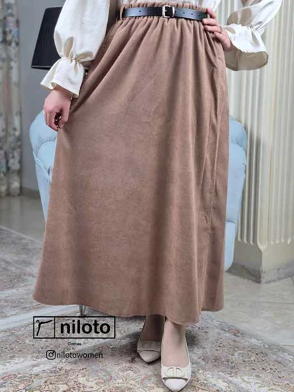 دامن مخمل کبریتی بلند با کمربند (5505)