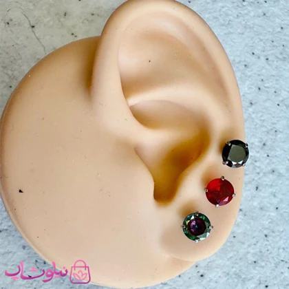 پیرسینگ گوش پایه نقره ای مدل دایره نگین رنگی کد 599