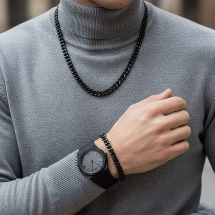 ست مردانه ساعت و دستبند و گردنبند solid black-مشکی