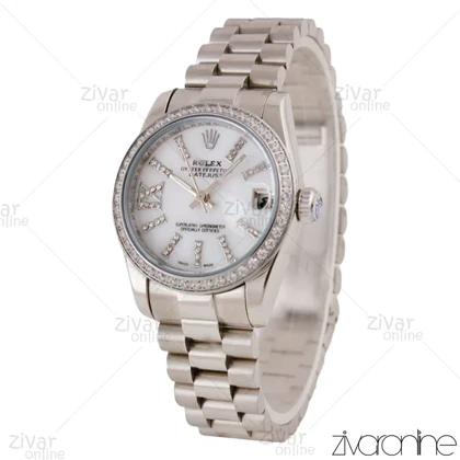 ساعت رولکس دیت جاست زنانه نقره ای صفحه سفید دور نگین مدیوم 105699