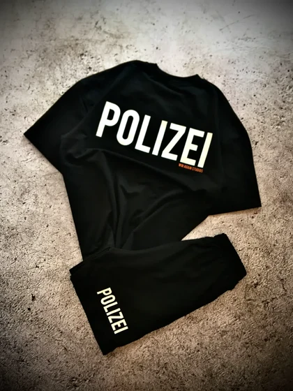 ست تیشرت شلوارک نیم بگ باکسی دونخ مدل POLIZEI _ مشکی