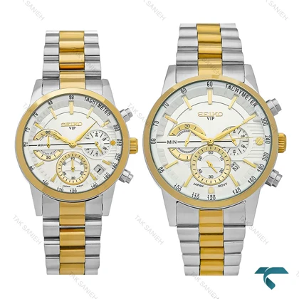ست ساعت سیکو VIP سه موتوره کورنوگراف دورنگ طلایی Seiko-8736-S
