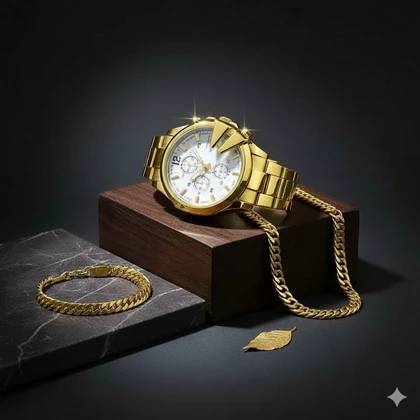 ست ساعت مچی مردانه طلایی صفحه سفید مدل U700 + دستبند و گردنبند کارتیه رنگ طلایی