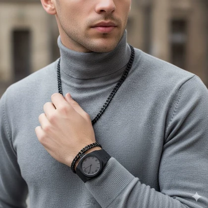 ست مردانه ساعت و دستبند و گردنبند solid black-مشکی ویژه