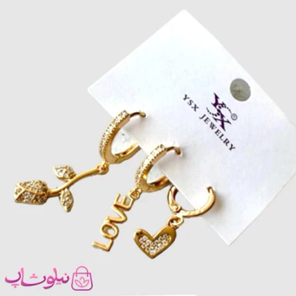 گوشواره سه تایی زنانه YSX مدل گل و Love طلایی رنگ کد 2791