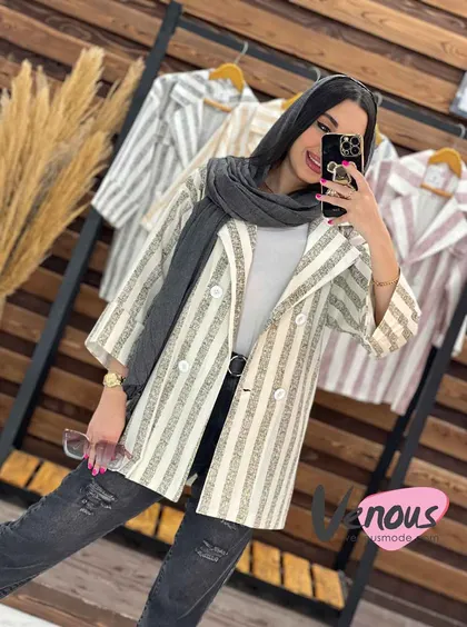 مانتو لینن راه راه چهار دکمه