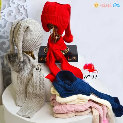 کلاه وشال گردن 2 پوم گوش دار 3 تا 12 سال