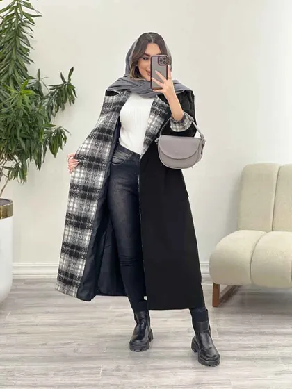 بارانی یقه چهارخونه پرچ دار