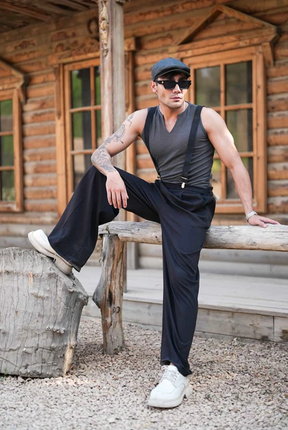 رکابی تنک تاپ یغه کوبایی طوسی تیره OLD SCHOOL