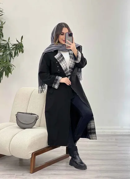 بارانی یقه چهارخونه پرچ دار