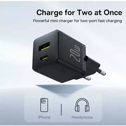 شارژر دیواری 20 وات فست شارژ Type-C و USB بیسوس با کابل دو سر تایپ سی CCZC20UE