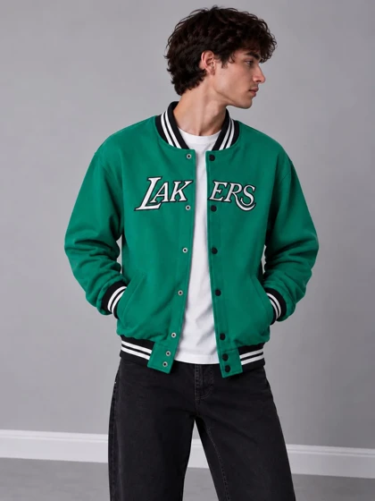 پلیور بامبر جکت دورس سه نخ / چاپ گلدوزی شده lakers / رنگ سبز پر رنگ