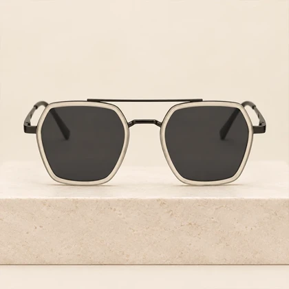 hexagonal black cream men sunglasses