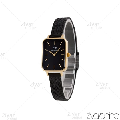 ساعت دنیل ولینگتون زنانه کوادرو قاب طلایی بند حصیری مشکی 105729