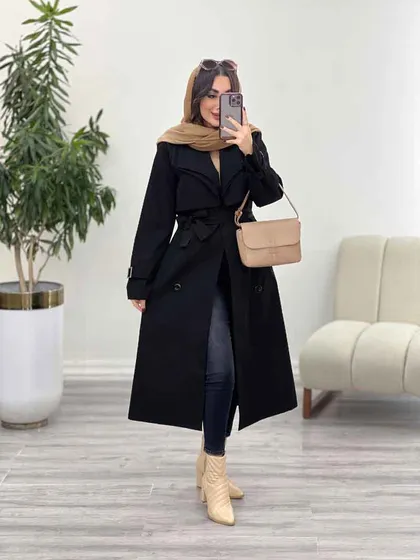 بارانی بلند یقه دوبل ژیله دار