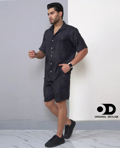 ست روهمی پیراهن انگلیسی با شلوارک ذغالی مردانه پارچه کراش