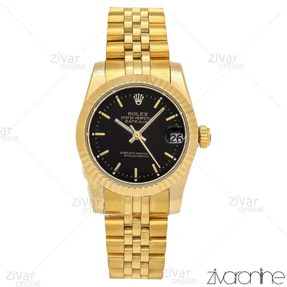 ساعت رولکس دیت جاست زنانه طلایی مشکی ایندکس خطی مدیوم 106742
