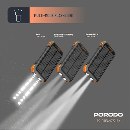 پاوربانک خورشیدی 20000 میلی آمپر پرودو مدل PORODO SOLAR POWER BANK PDPBFCH070BK