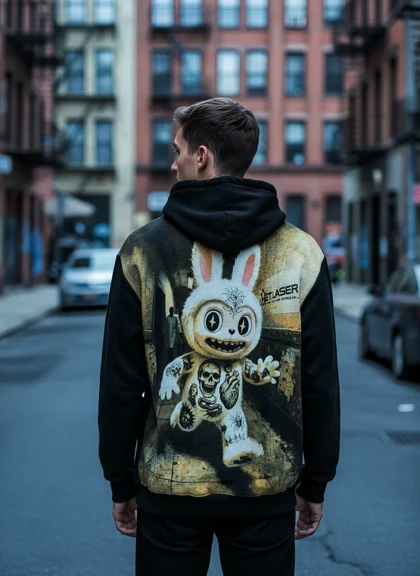 هودی مردانه مشکی طرح وایرال عروسک لبوبو دورس سه نخ گرماژ بالا نخ پنبه اعلا و سنگین