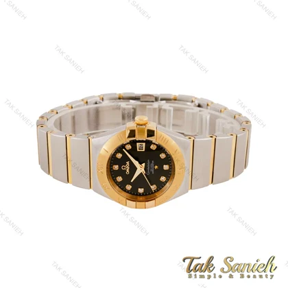 ساعت امگا زنانه دورنگ طلایی صفحه مشکی تقویم دار نگینی Omega-4472-L