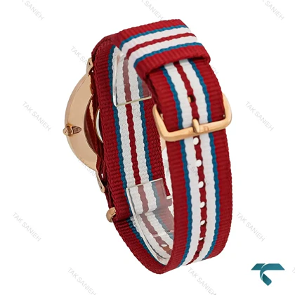 ساعت مردانه DW رزگلد صفحه مشکی بند برزنتی قرمز آبی سفید DW-7236-G