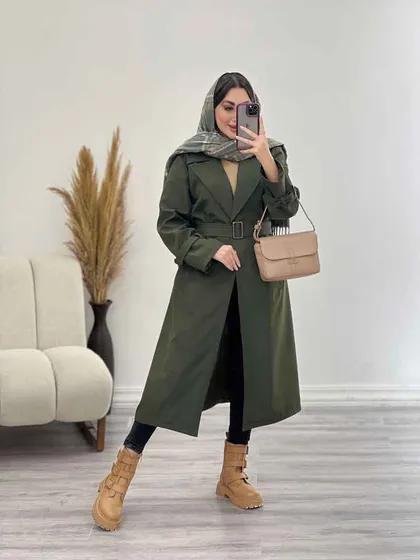 بارانی بلند چهاردکمه کمردار