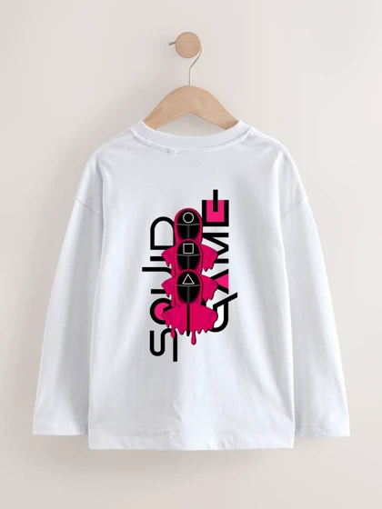 بلوز آستین بلند سفید طرح اسکوئیت گیم