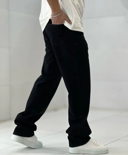 شلوار بگ مشکی مردانه پارچه جین کجراه سنگشور گرماژ بالا