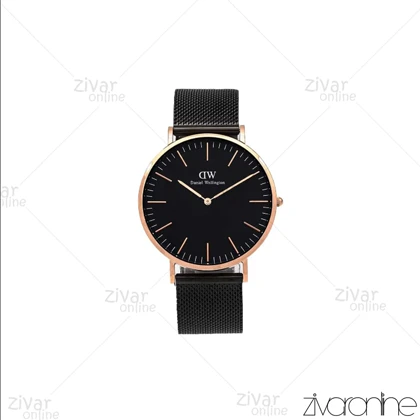 ساعت دنیل ولینگتون مردانه گرد قاب رزگلد بند حصیری مشکی 106098