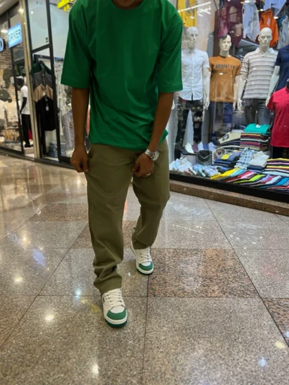 شلوار بگ کتان رنگ سبز لجنی بسیار خاص-قد 108 سانتی متر