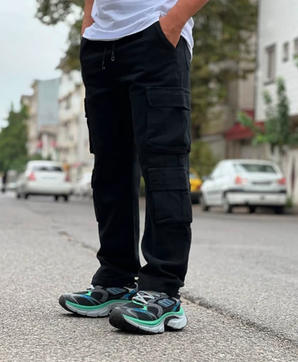 شلوار کارگو مشکی مردانه پارچه کتان کجراه اعلام پنبه اورجینال دیلم