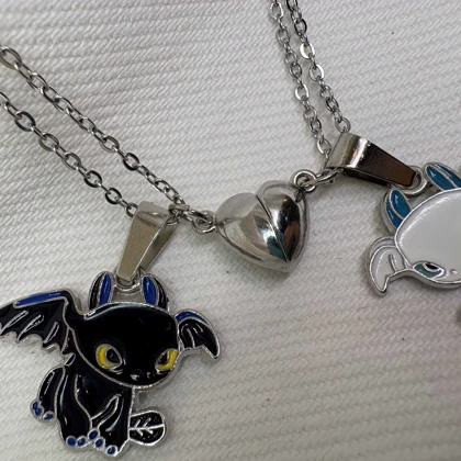 ست گردنبند دو نفره مدل «اژدها و قلب مگنتی» | پلاک مکمل با زنجیر دیپلمات استیل