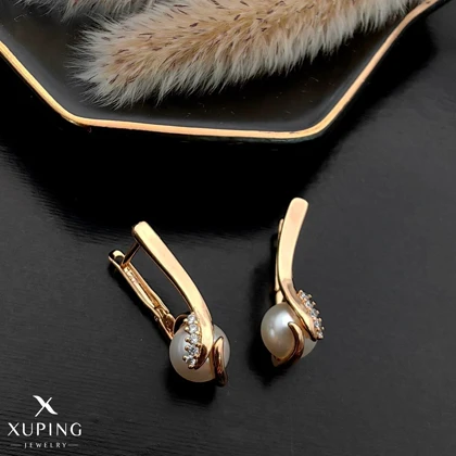 گوشواره ژوپینگ مرواریدی نگین‌دار طرح موج طلایی