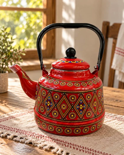 کتری لعابی مراکشی قرمز طرحدار