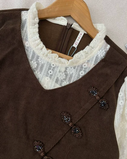 پیراهن مخمل آستین گیپور قهوه ای کد 5176