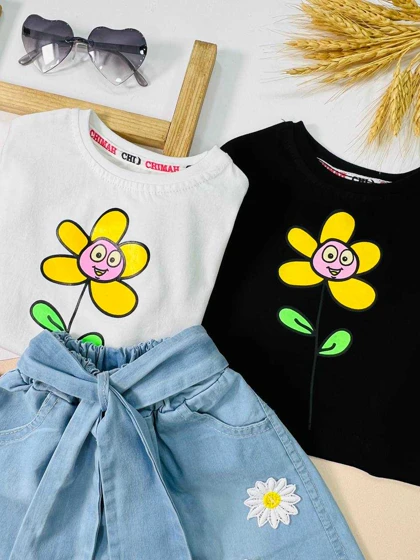 کراپ شورتک جین با گلهای بابونه