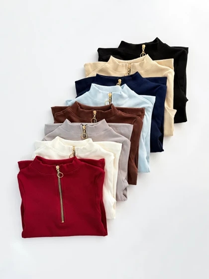 کراپ تاپ کبریتی آستین نصفه یقه سه سانت نیم زیپ