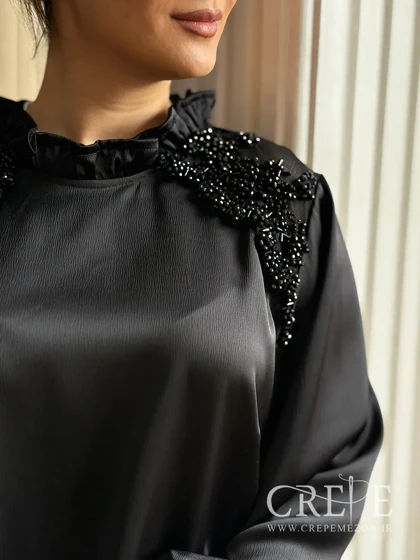 شومیز ساتن سرشانه تور سنگدوزی