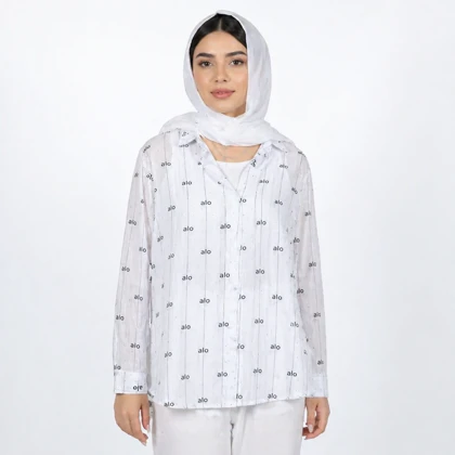 شومیز شاین شیشه ای دوتیکه کراپ دار (سفید،طرح alo)وارداتی