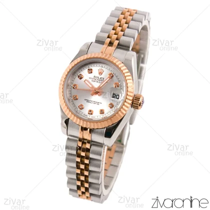 ساعت رولکس دیت جاست زنانه رزگلد نقره ای ایندکس نگین‌دار 102239