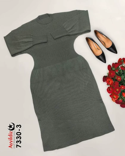 پیراهن بافت زنانه سایز بزرگ کمر گنی مدل کد 7330