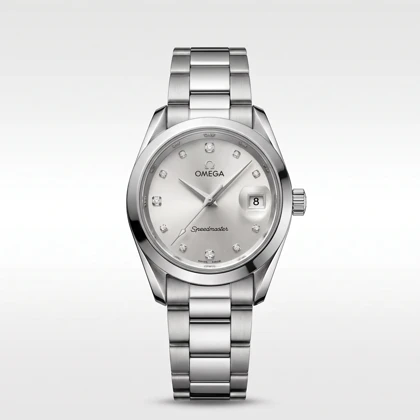 ساعت مچی زنانه امگا SPEEDMASTER مدل OMEGA-2362 بند استیل نقره‌ای صفحه سفید صدفی نگین‌دار