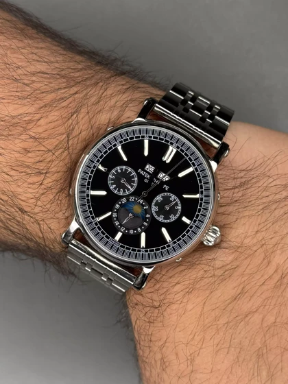 ساعت مچی پتک فیلیپ فول دیت بند سیلور صفحه مشکی Patek Philippe